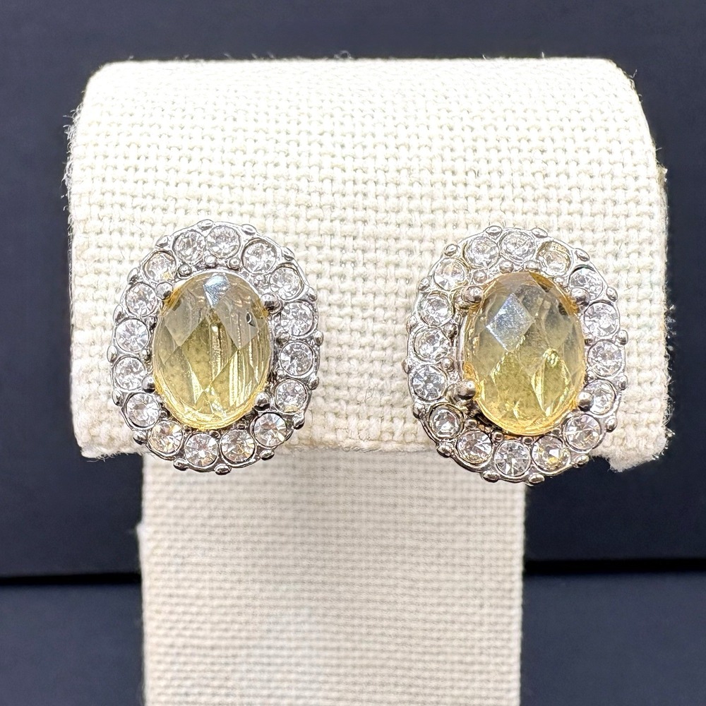 Vintage Monet Oval Yellow‎ Rhinestone Halo Clip On Earrings Classic Regency